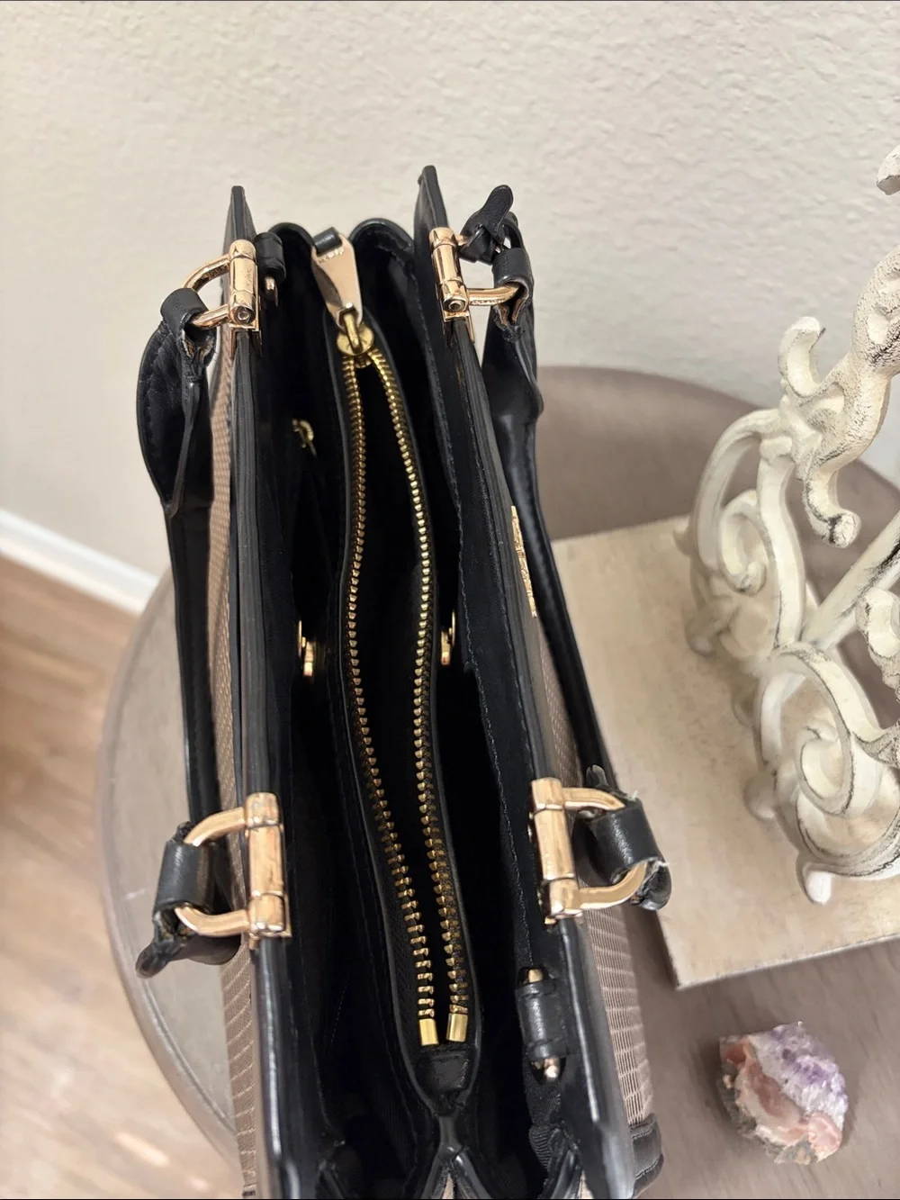 Coach Black and Natural Woven Satchel with Gold Hardware